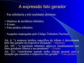 A expressão fato gerador Faz referência a três realidades distintas: Hipótese de incidência tributária Evento  Fato jurídico tributário Acepções empregadas pelo Código Tributário Nacional Art. 4. “a natureza jurídica específica do tributo é determinada pelo fato gerador da respectiva obrigação” –  Hipótese Art. 105 - “a legislação tributária aplica-se imediatamente aos fatos geradores futuros e aos pendentes” –  Evento Art. 121- “contribuinte quando tenha relação pessoal com a situação que constitua o respectivo fato gerador” –  Fato jurídico 
