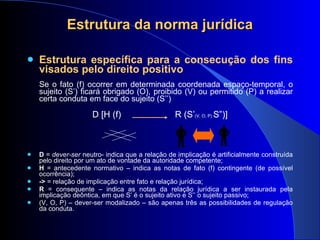 Estrutura da norma jurídica Estrutura específica para a consecução dos fins visados pelo direito positivo Se o fato (f) ocorrer em determinada coordenada espaço-temporal, o sujeito (S’) ficar á  obrigado (O), proibido (V) ou permitido (P) a realizar certa conduta em face do sujeito (S’’) D [H (f)  R (S’ (V, O, P)  S”)] D  =  dever-ser  neutro- indica que a relação de implicação é artificialmente construída pelo direito por um ato de vontade da autoridade competente; H  = antecedente normativo – indica as notas de fato (f) contingente (de possível ocorrência); ->  = relação de implicação entre fato e relação jurídica; R  = consequente – indica as notas da relação jurídica a ser instaurada pela implicação deôntica, em que S’ é o sujeito ativo e S’’ o sujeito passivo; (V, O, P) – dever-ser modalizado – são apenas três as possibilidades de regulação da conduta. 