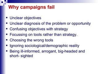 Why campaigns fail Unclear objectives Unclear diagnosis of the problem or opportunity Confusing objectives with strategy Focussing on tools rather than strategy. Choosing the wrong tools Ignoring sociological/demographic reality Being ill-informed, arrogant, big-headed and short- sighted 