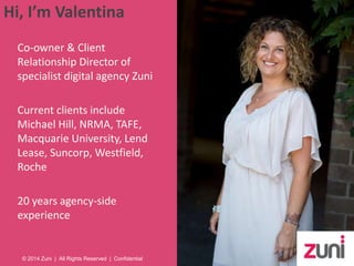 Hi, I’m Valentina 
Co-owner & Client 
Relationship Director of 
specialist digital agency Zuni 
Current clients include 
M...