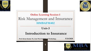 Risk Management and Insurance
18MBAFM402
Unit-3
Introduction to Insurance
Prof. Kiran Kumar M., East West Institute of Technology.
1
5/24/2020
Online Learning Session-1
 