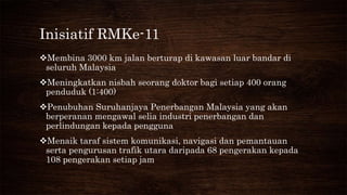 Inisiatif RMKe-11
Membina 3000 km jalan berturap di kawasan luar bandar di
seluruh Malaysia
Meningkatkan nisbah seorang doktor bagi setiap 400 orang
penduduk (1:400)
Penubuhan Suruhanjaya Penerbangan Malaysia yang akan
berperanan mengawal selia industri penerbangan dan
perlindungan kepada pengguna
Menaik taraf sistem komunikasi, navigasi dan pemantauan
serta pengurusan trafik utara daripada 68 pengerakan kepada
108 pengerakan setiap jam
 