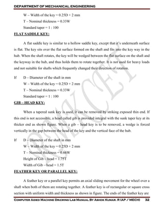 DEPARTMENT OF MECHANICAL ENGINEERING
Computer Aided Machine Drawing Lab Manual By Ashok Kumar. R (AP / MECH) 32
W – Width of the key = 0.25D + 2 mm
T – Nominal thickness = 0.33W
Standard taper = 1 : 100
FLAT SADDLE KEY:
A flat saddle key is similar to a hollow saddle key, except that it’s underneath surface
is flat. The key sits over the flat surface formed on the shaft and fits into the key way in the
hub. When the shaft rotates, the key will be wedged between the flat surface on the shaft and
the keyway in the hub, and thus holds them to rotate together. It is not used for heavy loads
and not suitable for shafts which frequently changed their direction of rotation.
If D – Diameter of the shaft in mm
W – Width of the key = 0.25D + 2 mm
T – Nominal thickness = 0.33W
Standard taper = 1 : 100
GIB – HEAD KEY:
When a tapered sunk key is used, it can be removed by striking exposed thin end. If
this end is not accessible, a head called gib is provided integral with the sunk taper key at its
thicker end as shown figure. When a gib – head key is to be removed, a wedge is forced
vertically in the gap between the head of the key and the vertical face of the hub.
If D – Diameter of the shaft in mm
W – Width of the key = 0.25D + 2 mm
T – Nominal thickness = 0.66W
Height of Gib – head = 1.75T
Width of Gib – head = 1.5T
FEATHER KEY OR PARALLEL KEY:
A feather key or a parallel key permits an axial sliding movement for the wheel over a
shaft when both of them are rotating together. A feather key is of rectangular or square cross
section with uniform width and thickness as shown in figure. The ends of the feather key are
 