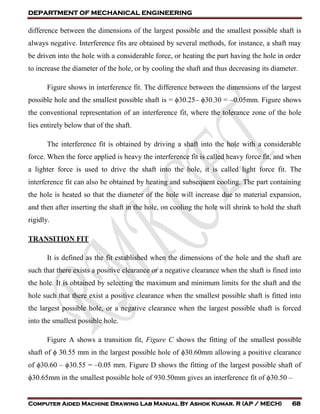 DEPARTMENT OF MECHANICAL ENGINEERING
Computer Aided Machine Drawing Lab Manual By Ashok Kumar. R (AP / MECH) 68
difference between the dimensions of the largest possible and the smallest possible shaft is
always negative. Interference fits are obtained by several methods, for instance, a shaft may
be driven into the hole with a considerable force, or heating the part having the hole in order
to increase the diameter of the hole, or by cooling the shaft and thus decreasing its diameter.
Figure shows in interference fit. The difference between the dimensions of the largest
possible hole and the smallest possible shaft is = ϕ30.25– ϕ30.30 = –0.05mm. Figure shows
the conventional representation of an interference fit, where the tolerance zone of the hole
lies entirely below that of the shaft.
The interference fit is obtained by driving a shaft into the hole with a considerable
force. When the force applied is heavy the interference fit is called heavy force fit, and when
a lighter force is used to drive the shaft into the hole, it is called light force fit. The
interference fit can also be obtained by heating and subsequent cooling. The part containing
the hole is heated so that the diameter of the hole will increase due to material expansion,
and then after inserting the shaft in the hole, on cooling the hole will shrink to hold the shaft
rigidly.
TRANSITION FIT
It is defined as the fit established when the dimensions of the hole and the shaft are
such that there exists a positive clearance or a negative clearance when the shaft is fined into
the hole. It is obtained by selecting the maximum and minimum limits for the shaft and the
hole such that there exist a positive clearance when the smallest possible shaft is fitted into
the largest possible hole, or a negative clearance when the largest possible shaft is forced
into the smallest possible hole.
Figure A shows a transition fit, Figure C shows the fitting of the smallest possible
shaft of ϕ 30.55 mm in the largest possible hole of ϕ30.60mm allowing a positive clearance
of ϕ30.60 – ϕ30.55 = –0.05 mrn. Figure D shows the fitting of the largest possible shaft of
ϕ30.65mm in the smallest possible hole of 930.50mm gives an interference fit of ϕ30.50 –
 