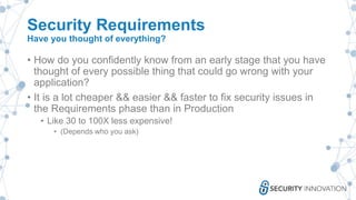 Security Requirements
Have you thought of everything?
• How do you confidently know from an early stage that you have
thought of every possible thing that could go wrong with your
application?
• It is a lot cheaper && easier && faster to fix security issues in
the Requirements phase than in Production
• Like 30 to 100X less expensive!
• (Depends who you ask)
 
