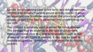 Lactate dehydrogenase (also called lactic acid dehydrogenase,
or LDH) is an enzyme found in almost all body tissues. It plays
an important role in cellular respiration, the process by which
glucose (sugar) from food is converted into usable energy for
our cells.
The LDH test is generally used to screen for tissue damage.
This damage may be acute (as in the case of a traumatic
injury) or chronic (due to a long-term condition such as liver
disease or certain types of anemia). It also may be used to
monitor progressive conditions, such as muscular dystrophy
and HIV.
 