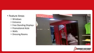 • Feature Areas
• Windows
• Entrance
• Free Standing Displays
• Promotional Aisle
• Walls
• Dressing Rooms
 