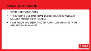 SPACE ALLOCATION
• STORE HAD TWO FLOORS
• THE GROUND ONE HAD HOME DECOR, CROCKERY AND A ART
GALLERY, MOSTLY PRIVATE LABEL
• FIRST FLOOR WAS DEDICATED TO FURNITURE WHICH IS THERE
DEMAND MERCHANDISE
 