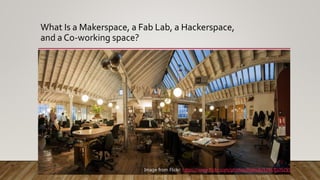 What Is a Makerspace, a Fab Lab, a Hackerspace,
and a Co-working space?
Image from Flickr: https://www.flickr.com/photos/t...