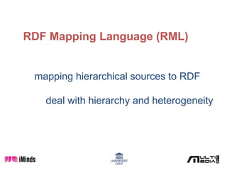 RDF Mapping Language (RML)
mapping hierarchical sources to RDF
deal with hierarchy and heterogeneity
 