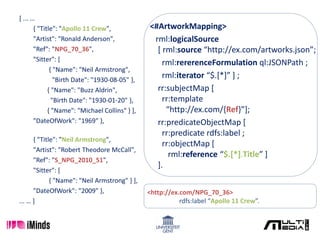 [ ... …
{ "Title": "Apollo 11 Crew",
"Artist": "Ronald Anderson",
"Ref": "NPG_70_36",
"Sitter": [
{ "Name": "Neil Armstrong",
"Birth Date": "1930-08-05" },
{ "Name": "Buzz Aldrin",
"Birth Date": "1930-01-20" },
{ "Name": "Michael Collins" } ],
"DateOfWork": "1969" },
{ "Title": "Neil Armstrong",
"Artist": "Robert Theodore McCall",
"Ref": "S_NPG_2010_51",
"Sitter": [
{ "Name": "Neil Armstrong" } ],
"DateOfWork": "2009" },
... … ]
<#ArtworkMapping>
rml:logicalSource
[ rml:source “http://ex.com/artworks.json”;
rml:rererenceFormulation ql:JSONPath ;
rml:iterator “$.[*]” ] ;
rr:subjectMap [
rr:template
“http://ex.com/{Ref}”];
rr:predicateObjectMap [
rr:predicate rdfs:label ;
rr:objectMap [
rml:reference “$.[*].Title” ]
].
<http://ex.com/NPG_70_36>
rdfs:label “Apollo 11 Crew”.
 