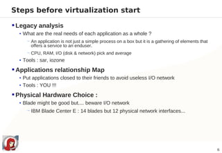Steps before virtualization start

 Legacy analysis
  • What are the real needs of each application as a whole ?
     − An application is not just a simple process on a box but it is a gathering of elements that
       offers a service to an enduser.
     − CPU, RAM, I/O (disk & network) pick and average
  • Tools : sar, iozone

 Applications relationship Map
  • Put applications closed to their friends to avoid useless I/O network
  • Tools : YOU !!!

 Physical Hardware Choice :
  • Blade might be good but.... beware I/O network
     − IBM Blade Center E : 14 blades but 12 physical network interfaces...




                                                                                                     6
 