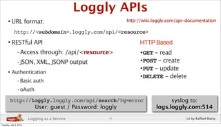 Loggly APIs
       • URL format:                                     http://wiki.loggly.com/api-documentation

           ...