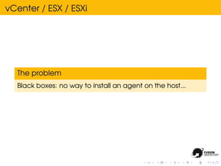 vCenter / ESX / ESXi




  The problem
  Black boxes: no way to install an agent on the host...
 