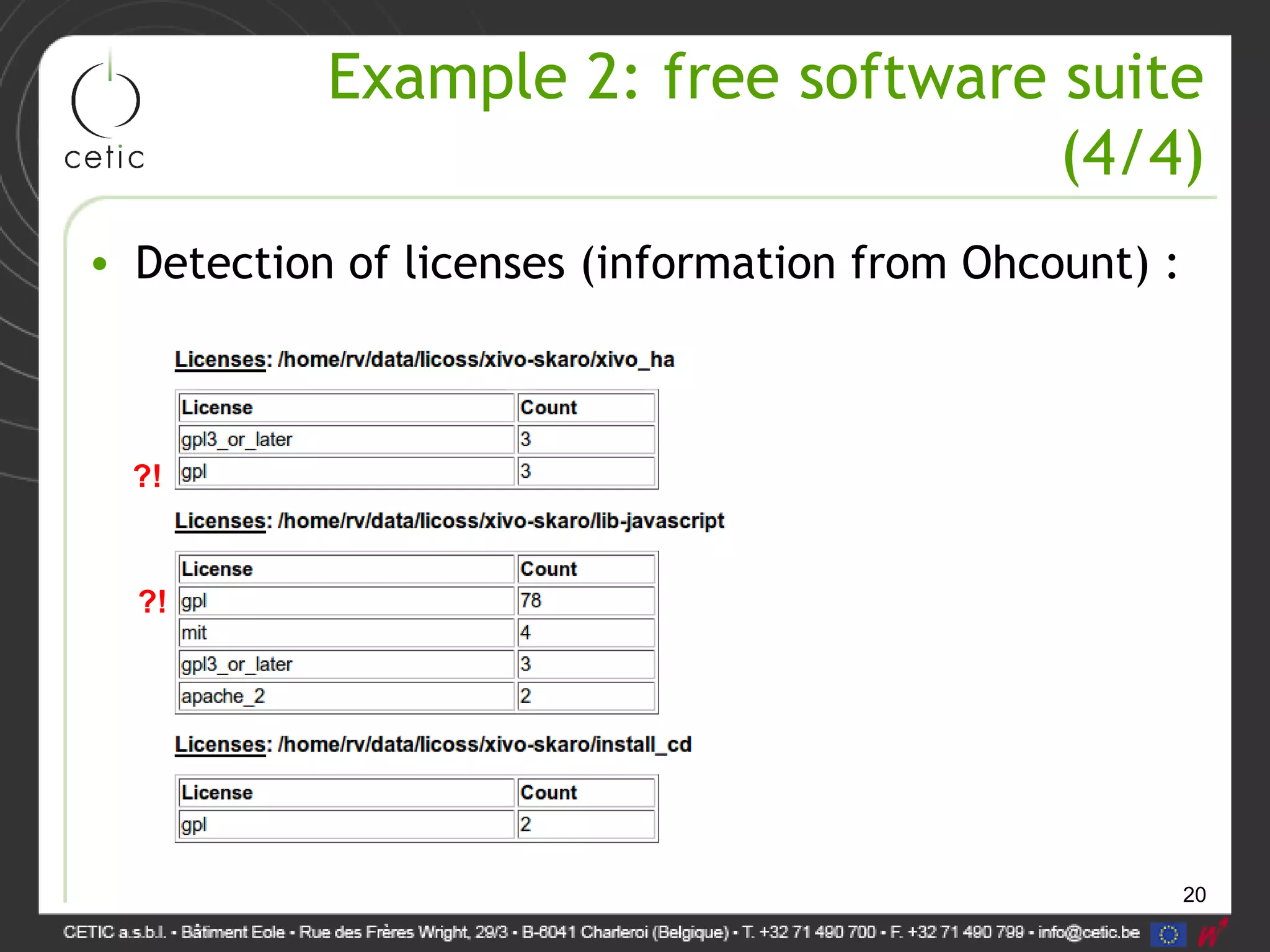 20
Example 2: free software suite
(4/4)
• Detection of licenses (information from Ohcount) :
?!
?!
 