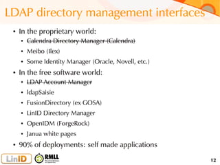 12
LDAP directory management interfaces
● In the proprietary world:
● Calendra Directory Manager (Calendra)
● Meibo (Ilex)
● Some Identity Manager (Oracle, Novell, etc.)
● In the free software world:
● LDAP Account Manager
● ldapSaisie
● FusionDirectory (ex GOSA)
● LinID Directory Manager
● OpenIDM (ForgeRock)
● Janua white pages
● 90% of deployments: self made applications
 