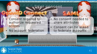 41
User consentUser consent
● Consent required to
authorize requested
scopes
● No account federation
● No consent needed t...