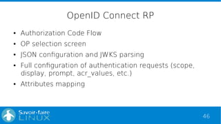 46
OpenID Connect RP
● Authorization Code Flow
● OP selection screen
● JSON configuration and JWKS parsing
● Full configur...