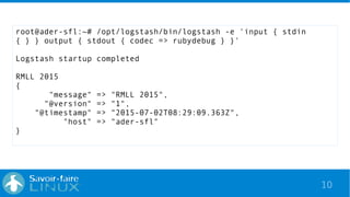 10
root@ader-sfl:~# /opt/logstash/bin/logstash -e 'input { stdin
{ } } output { stdout { codec => rubydebug } }'
Logstash startup completed
RMLL 2015
{
"message" => "RMLL 2015",
"@version" => "1",
"@timestamp" => "2015-07-02T08:29:09.363Z",
"host" => "ader-sfl"
}
 