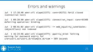 25
Errors and warnings
Jul 1 17:18:48 ader-sfl slapd[1377]: conn=162711 fd=12 closed
(connection lost)
Jul 1 09:28:40 ader-sfl slapd[1377]: connection_input: conn=93309
deferring operation: binding
Jul 2 08:41:02 ader-sfl slapd[1377]: <= mdb_equality_candidates:
(objectClass) not indexed
Jul 1 16:23:46 ader-sfl slapd[1377]: ppolicy_bind: Setting
warning for password expiry for
uid=user1,ou=users,dc=example,dc=com = 589 seconds
 