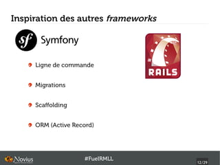 Inspiration des autres frameworks




     Ligne de commande


     Migrations


     Scaffolding


     ORM (Active Record)




                    #FuelRMLL
                                    12/29
 