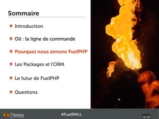 Sommaire
 Introduction

 Oil : la ligne de commande

 Pourquoi nous aimons FuelPHP

 Les Packages et l'ORM

 Le futur de FuelPHP

 Questions



                       #FuelRMLL
                                   16/29
 