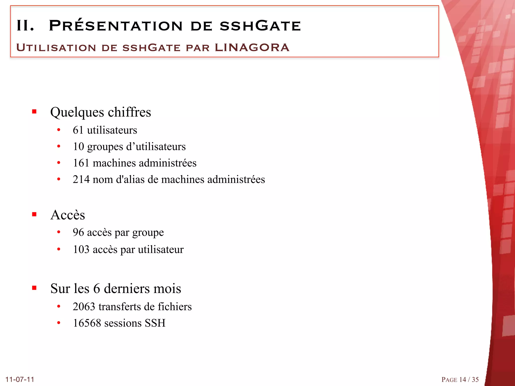 II.  Présentation de sshGate
  Utilisation de sshGate par LINAGORA



       §  Quelques chiffres
            •    61 utilisateurs
            •    10 groupes d’utilisateurs
            •    161 machines administrées
            •    214 nom d'alias de machines administrées


       §  Accès
            •  96 accès par groupe
            •  103 accès par utilisateur


       §  Sur les 6 derniers mois
            •  2063 transferts de fichiers
            •  16568 sessions SSH



11-07-11
                                                   PAGE 14 / 35
 