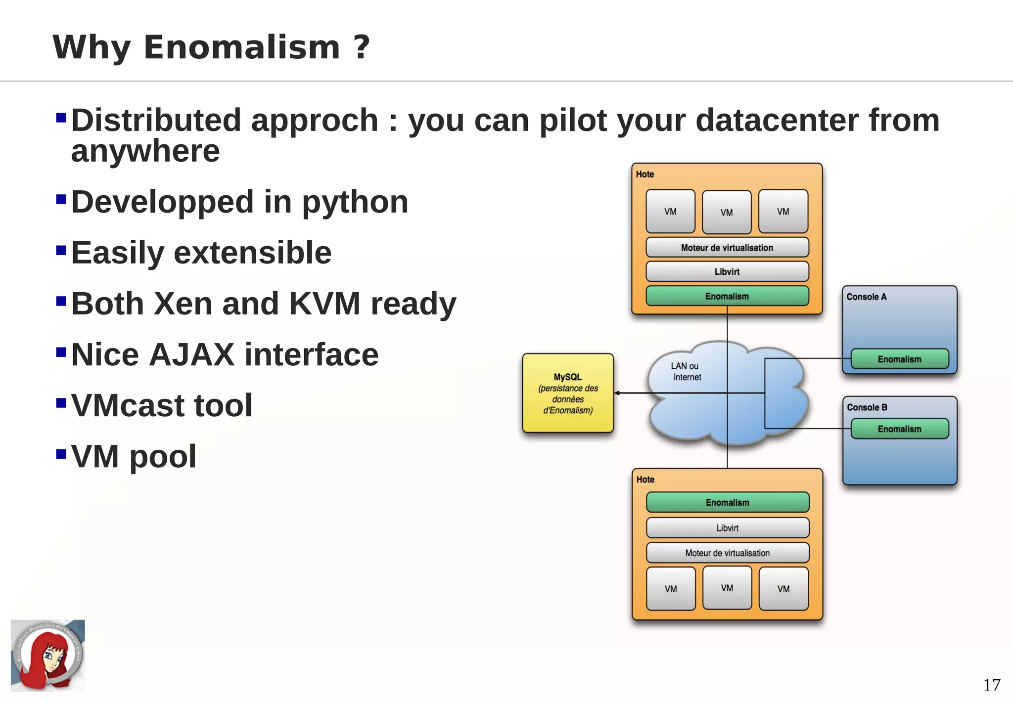 Why Enomalism ?

 Distributed approch : you can pilot your datacenter from
  anywhere
 Developped in python
 Easily extensible
 Both Xen and KVM ready
 Nice AJAX interface
 VMcast tool
 VM pool




                                                             17
 