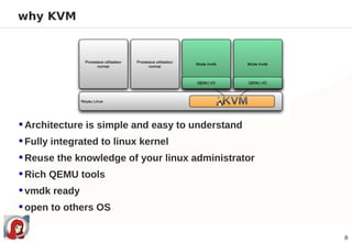 why KVM




 Architecture is simple and easy to understand
 Fully integrated to linux kernel
 Reuse the knowledge of your linux administrator
 Rich QEMU tools
 vmdk ready
 open to others OS

                                                    8
 