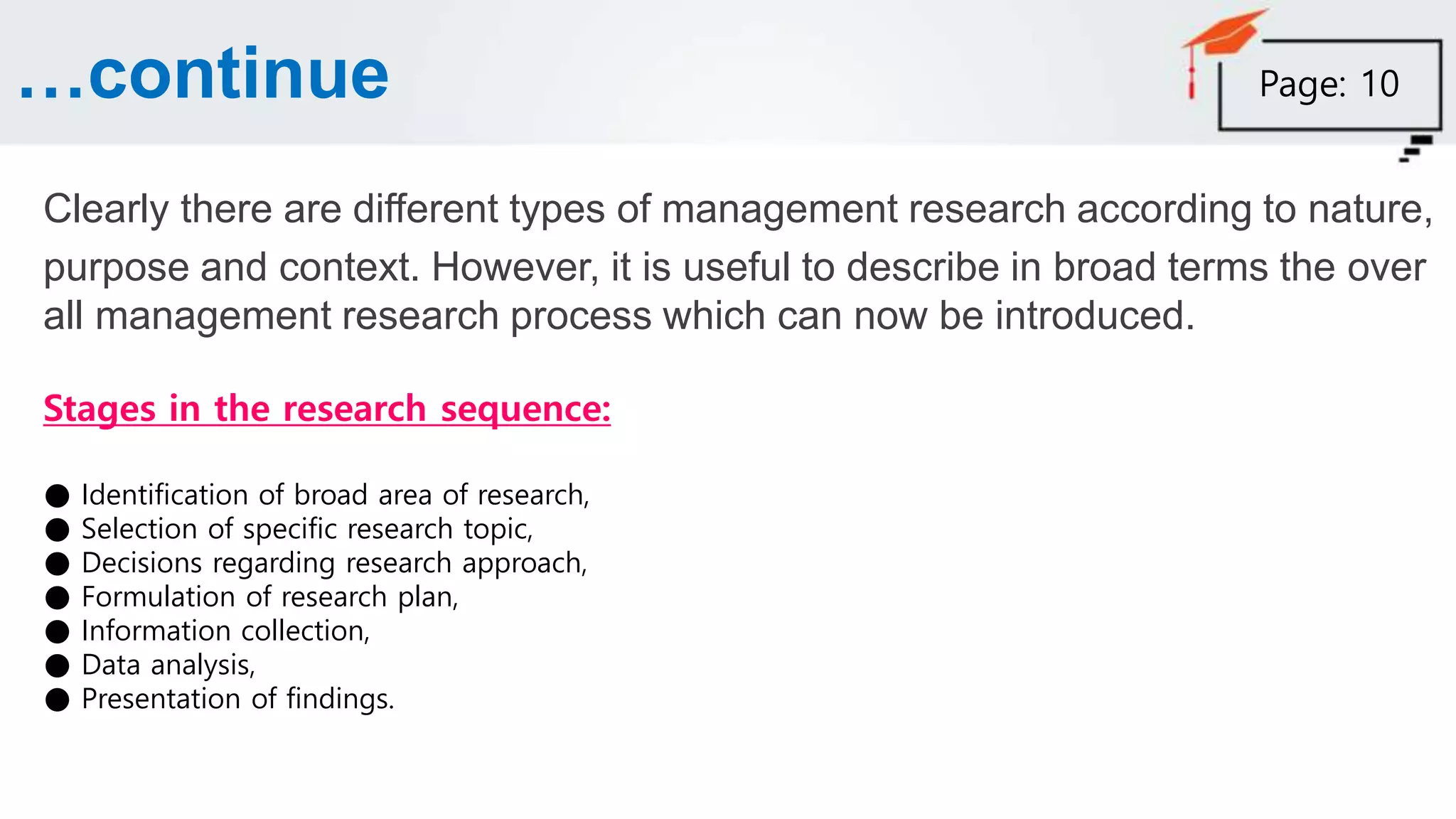 …continue
Clearly there are different types of management research according to nature,
purpose and context. However, it is useful to describe in broad terms the over
all management research process which can now be introduced.
Stages in the research sequence:
● Identification of broad area of research,
● Selection of specific research topic,
● Decisions regarding research approach,
● Formulation of research plan,
● Information collection,
● Data analysis,
● Presentation of findings.
Page: 10
 