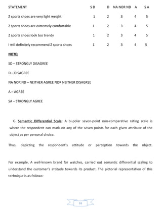 16
STATEMENT S D D NA NOR ND A S A
Z sports shoes are very light weight 1 2 3 4 5
Z sports shoes are extremely comfortable 1 2 3 4 5
Z sports shoes look too trendy 1 2 3 4 5
I will definitely recommend Z sports shoes 1 2 3 4 5
NOTE:
SD – STRONGLY DISAGREE
D – DISAGREE
NA NOR ND – NEITHER AGREE NOR NEITHER DISAGREE
A – AGREE
SA – STRONGLY AGREE
G. Semantic Differential Scale: A bi-polar seven-point non-comparative rating scale is
where the respondent can mark on any of the seven points for each given attribute of the
object as per personal choice.
Thus, depicting the respondent’s attitude or perception towards the object.
For example, A well-known brand for watches, carried out semantic differential scaling to
understand the customer’s attitude towards its product. The pictorial representation of this
technique is as follows:
 