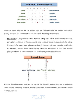 17
From the above diagram, we can analyze that the customer finds the product of superior
quality; however, the brand needs to focus more on the styling of its watches.
• Stapel Scale: A Stapel scale is that itemized rating scale which measures the response,
perception or attitude of the respondents for a particular object through a unipolar rating.
The range of a Stapel scale is between -5 to +5 eliminating 0, thus confining to 10 units.
For example, A tours and travel company asked the respondent to rank their holiday
package in terms of value for money and user-friendly interface as follows:
With the help of the above scale, we can say that the company needs to improve its package in
terms of value for money. However, the decisive point is that the interface is quite user-friendly
for the customers.
 