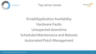 © 2015 N-able Technologies, Inc. All rights reserved. 19
Top server issues
Email/Application Availability
Hardware Faults
Unexpected downtime
Scheduled Maintenance and Reboots
Automated Patch Management
Support
 
