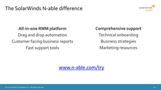 © 2015 N-able Technologies, Inc. All rights reserved. 30
The SolarWinds N-able difference
All-in-one RMM platform
Drag and drop automation
Customer facing business reports
Fast support tools
Comprehensive support
Technical onboarding
Business strategies
Marketing resources
www.n-able.com/try
 
