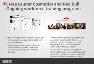 *Estee Lauder Cosmetics and Red Bull:
 Ongoing workforce training programs




  RMM manages training programs that up-skill    Community management training and idea
   and improve knowledge around digital and        generation sessions enabled Estee Lauder
   social media usage                              Cosmetics brands in Europe to increase
  Includes strategic consultancy, objective       engagement by 100%, and community
   setting, roadmap reviews, community             members by 400% in 12 months
   management training, new technology            Community management training for the
   briefings                                       2010 Red Bull Music Academy helped double
                                                   web traffic, crowd-source event content and
                                                   deal with online customer services issues
 