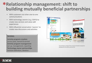 *Relationship management: shift to
 building mutually beneficial partnerships
    With customers via richer one-to-one
     communications
    With technology owners (e.g. GAFA) to
     create new services and value-add
     experiences
    With influential conversation ‘owners’ to
     create new discussions and activities


  Services:
  Activity program creation
  across paid, owned & earned
  Activity program management
  set up, management, reporting                  Visual shows content from recent activation programs
                                                 designed for the NHS and the IOC.
  Technology owner partnerships
  solution definition, ideation
 