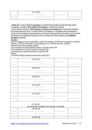 https://www.facebook.com/groups/tsge.alhoceima/ Mohammed Fares | 22
………...
…………
…………
31 / 12 / 07
………………………………………………
…… ………………………….
…………………………………
…………………
…………………..
………………….
- 2 ème cas : lorsque l’impôt dû est inférieur au montant des acomptes provisionnels déjà versés :
* On débite le compte n° 6701 Impôts sur les bénéfices u montant de l’impôt dû
* Par le crédit du compte n° 3453 Acomptes sur impôts sur les résultats par le montant de l’impôt dû .
Ce compte reste ainsi ouvert ; il ne sera soldé qu’à l’échéance ou l’excèdent versé est totalement
imputé sur les acomptes provisionnels échus ou lorsque le reliquat éventuel est restitué par le ministre
des finances à la société dans le délai d’un mois à compter de la date d’échéance du quatrième
acompte provisionnel
Exemple 2:
Une S.A a dégagé au titre de l’année 2006 un impôt sur les sociétés de 3 600 dhs et une cotisation minimale de
4 000 dhs . A la fin de l’année 2007, il a été constaté que l’I.S = 3 400 dhs et la C.M = 2 800 dhs.
Présenter les écritures comptables relatives:
a/ aux acomptes provisionnels réglés en espèce au cours de l’année 2 007 .
b/ à la constatation de l’impôt dû résultant de l’exercice 2 007 .
c/ au règlement par espèce des acomptes de l’année 2 008 .
Solution :
Le montant de chaque acompte provisionnel de l’année 2 007 =
………...
…………
31 / 03 / 07
……………………………………………
…… ………………………….
…………………
…………………..
………...
…………
30 / 06 / 07
…………………………………………….
…… ………………………….
…………………
…………………..
………...
…………
30 / 09 / 07
……………………………………………
…… ………………………….
…………………
…………………..
………...
…………
31 / 12 / 07
……………………………………………
…… ………………………….
…………………
…………………..
………...
…………
31 / 12 / 07
……………………………………………..
…… ………………………….
…………………
…………………..
31 / 03 / 08
Aucune écriture comptable n’est à signaler à cette date
………...
…………
30 / 06 / 08
……………………………………………
…… ………………………….
…………………
…………………..
30 / 09 / 08
 