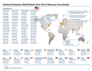 Adrian Kingshott
203.489.3682
Ted Kinsman
303.572.6013
Len LaPorta
203.451.7799
Reed Macy
713.876.8030
Jack Maier
202.957.5155
Daniel McBroom
303.951.7128
Ray McCormick
724.933.6600
Gary Moon
650.515.8734
Peter Nam
949.706.8440
John O’Neill
214.870.5040
Tess Oxenstierna
203.524.0888
John Patterson
908.403.2135
Jeff Ackerman
617.275.4401
David Baker
312.466.7677
Bob Balaban
303.792.9400
John Batdorf
415.847.8805
David Brinkley
917.817.0375
Brendan Burke
303.531.4603
Ricardo Campoy
646.382.4000
Vince Cannaliato
917.533.4152
Tyler Comann
415.272.2463
Ian Cookson
617.470.9338
Rick deNey
203.972.9100
Mike Ewing
973.713.1463
National Footprint, Global Reach: Over 25% of Revenue Cross-Border
United States
International
 26 countries
 50 offices
 300 professionals
North America
 7 offices
 64 professionals
 Award winning partners in the UK, France,
Germany, Netherlands and India
 Long history of success in Spain, Russia,
Japan, Brazil, South Africa and Italy
 Over 80 languages spoken
2
Horacio Facca
617.312.3420
David Francione
617.419.2040
Grant Garbers
949.706.8444
Gregory Gerard
303.572.6016
Darin Good
303.549.5674
Bill Harrison
917.596.5533
Sam Hill
214.457.4832
CJ Hummel
303.217.5743
Paul Janson
303.572.6012
Rick Jeffrey
917.538.2446
Roger Kahn
917.597.2245
Samrat Karnik
917.733.6022
Russia
David Wolfe
12.495.721.1370
Mark Bond
12.495.721.1370
Spain
Maarten De Jongh
34.933.426.227
Igor Gorostiaga
34.944.352.311
India
Karan Gupta
230.213.6514
Mahesh Singhi
91.22.6634.6666
Japan
Owen Hultman
81.3.6895.5521
Masahito Tachikawa
81.3.6895.5521
Mexico
Fausto Garcia
52.55.5203.4430
Javier Arce Fernandez
52.55.5208.4430
Poland
Michael Harvey
48.22.236.9227
Piotr Olejniczak
48.22.236.9227
South Africa
Pieter Veldtman
27.82.566.6352
Pieter Venter
27.82.566.6352
Canada
Don Lioutas
416.496.3075
Eric Klein
416.496.3742
South America
Leonardo Antunes
55.21.3873.8000
Felipe Monaco
55.11.4114.2047
United Kingdom
Mark Humphries
44.20.7881.2990
Mark Wilson
44.121.654.5000
Benelux
Jan Willem Jonkman
31.73.623.8774
Ron Belt
31.73.623.8774
France
Michel Degryck
33.148.246.300
Jean-Pierre Brice
33.148.246.300
Germany
Michael Fabich
49.611.205.4825
Ervin Schellenberg
49.611.205.48.10
Italy
Nuccia Cavalieri
39.02.92.88.04.00
Stefano Pastore
39.02.92.88.04.00
Thailand
Chayot Vitayanonektavee
66.2664.9100
Jim Vorapon Ponvanit
66.2664.9100
Turkey
Omer Unsal
0212.215.52.40
Brian Pietravalle
202.595.4739
Rod Rivera
917.969.4270
Carlos Rodriguez
858.752.4350
Joel Schneyer
303.619.4211
Brad Schreiber
949.706.8440
Phil Seefried
303.572.6004
Kevin Slocum
203.331.5955
Jerry Sturgill
208.287.8903
Mike Swartz
303.531.5009
Doug Usifer
908.432.7792
Bill Young
203.622.1044
Sun Jen Yung
917.297.8716
 