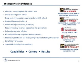 The Headwaters Difference
DEAL OF THE YEAR - TMT
INVESTMENT BANK
OF THE YEAR
INTERNATIONAL DEAL OF THE YEAR
PROFESSIONAL (B2B) SERVICES
INTERNATIONAL DEAL OF THE YEAR
CONSUMER SERVICES
INTERNATIONAL INVESTMENT
BANK OF THE YEAR
76
 Advocacy – unapologetic and conflict free
 Award-winning client advice
 Deep pool of transaction experience (over $265 billion)
 National footprint (7 offices)
 Global reach (25 countries, 50 offices)
 Focused industry coverage (specialists, not generalists)
 Full product/service offering
 #1 investment bank for private wealth in the US
 Proprietary capital: we can invest; unique access to family office capital
 Long history of success
 Teamwork unrivalled in the industry
Capabilities • Culture • Results
 