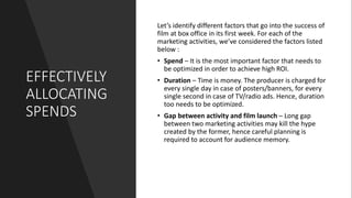 EFFECTIVELY
ALLOCATING
SPENDS
Let’s identify different factors that go into the success of
film at box office in its first week. For each of the
marketing activities, we’ve considered the factors listed
below :
• Spend – It is the most important factor that needs to
be optimized in order to achieve high ROI.
• Duration – Time is money. The producer is charged for
every single day in case of posters/banners, for every
single second in case of TV/radio ads. Hence, duration
too needs to be optimized.
• Gap between activity and film launch – Long gap
between two marketing activities may kill the hype
created by the former, hence careful planning is
required to account for audience memory.
 