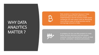 WHY DATA
ANALYTICS
MATTER ?
Data analytics is important because it helps
businesses optimize their performances.
Implementing it into the business model means
companies can help reduce costs by identifying
more efficient ways of doing business and by
storing large amounts of data.
A company can also use data analytics to make
better business decisions and help analyze
customer trends and satisfaction, which can lead
to new—and better—products and services.
 