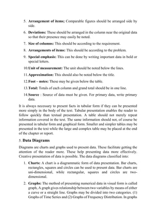 5. Arrangement of items; Comparable figures should be arranged side by
side.
6. Deviations: These should be arranged in the column near the original data
so that their presence may easily be noted.
7. Size of columns: This should be according to the requirement.
8. Arrangements of items: This should be according to the problem.
9. Special emphasis: This can be done by writing important data in bold or
special letters.
10.Unit of measurement: The unit should be noted below the lines.
11.Approximation: This should also be noted below the title.
12.Foot – notes: These may be given below the table.
13.Total: Totals of each column and grand total should be in one line.
14.Source : Source of data must be given. For primary data, write primary
data.
It is always necessary to present facts in tabular form if they can be presented
more simply in the body of the text. Tabular presentation enables the reader to
follow quickly than textual presentation. A table should not merely repeat
information covered in the text. The same information should not, of course be
presented in tabular form and graphical form. Smaller and simpler tables may be
presented in the text while the large and complex table may be placed at the end
of the chapter or report.
5. Data Diagrams
Diagrams are charts and graphs used to present data. These facilitate getting the
attention of the reader more. These help presenting data more effectively.
Creative presentation of data is possible. The data diagrams classified into:
1. Charts: A chart is a diagrammatic form of data presentation. Bar charts,
rectangles, squares and circles can be used to present data. Bar charts are
uni-dimensional, while rectangular, squares and circles are two-
dimensional.
2. Graphs: The method of presenting numerical data in visual form is called
graph, A graph gives relationship between two variables by means of either
a curve or a straight line. Graphs may be divided into two categories. (1)
Graphs of Time Series and (2) Graphs of Frequency Distribution. In graphs
 