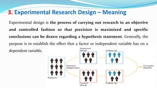 3. Experimental Research Design – Meaning
Experimental design is the process of carrying out research in an objective
and controlled fashion so that precision is maximized and specific
conclusions can be drawn regarding a hypothesis statement. Generally, the
purpose is to establish the effect that a factor or independent variable has on a
dependent variable.
 