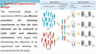 4. Statistical Experimental
design
The (statistical) design of
experiments (DOE) is an efficient
procedure for planning
experiments so that the data
obtained can be analyzed to
yield valid and objective
conclusions. DOE begins with
determining the objectives of an
experiment and selecting the
process factors for the study.
 