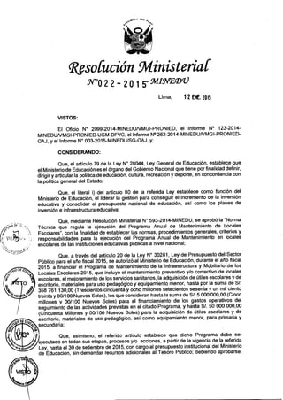 Rm n° 022 2015-minedu norma técnica denominada disposiciones para la ejecución del programa de mantenimiento de la infraestructura y mobiliario de los locales escolares para el año 2015