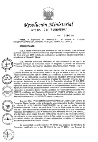 R.M. N° 085-2017-MINEDU Incorporan nuevas II.EE. para implementacion de nuevo curriculo nacional