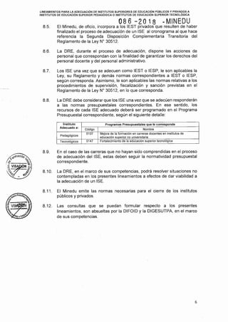 LINEAMIENTOS PARA LA ADECUACIÓN DE INSTITUTOS SUPERIORES DE EDUCACIÓN PÚBLICOS Y PRIVADOS A
INSTITUTOS DE EDUCACIÓN SUPERIOR PEDAGÓGICA O INSTITUTOS DE EDUCACIÓN SUPERIOR TECNOLÓGICA
8.5.
8.6.
8.7.
8.8.
8.9.
8.10.
8.11.
8.12.
08 6 -20 18 • MINEDU
El Minedu, de oficio, incorpora a los IEST privados que resulten de haber
finalizado el proceso de adecuación de un ISE al cronograma al que hace
referencia la Segunda Disposición Complementaria Transitoria del
Reglamento de la Ley Nº 30512.
La ORE, durante el proceso de adecuación, dispone las acciones de
personal que correspondan con la finalidad de garantizar los derechos del
personal docente y del personal administrativo.
Los ISE una vez que se adecuen como IEST o IESP, le son aplicables la
Ley, su Reglamento y demás normas correspondientes a IEST o IESP,
según corresponda. Asimismo, le son aplicables las normas relativas a los
procedimientos de supervisión, fiscalización y sanción previstas en el
Reglamento de la Ley Nº 30512, en lo que corresponda.
La ORE debe considerar que los ISE una vez que se adecúen responderán
a las normas presupuestales correspondientes. En ese sentido, los
recursos de cada ISE adecuado deberá ser programado en el Programa
Presupuesta! correspondiente, según el siguiente detalle:
Instituto Programas Presupuestales que le corresponde
Adecuado a:
Código Nombre
Pedagógicos
0107 Mejora de la formación en carreras docentes en institutos de
educación superior no universitaria
Tecnológicos 0147 Fortalecimiento de la educación superior tecnológica
En el caso de las carreras que no hayan sido comprendidas en el proceso
de adecuación del ISE, estas deben seguir la normatividad presupuesta!
correspondiente.
La ORE, en el marco de sus competencias, podrá resolver situaciones no
contempladas en los presentes lineamientos a efectos de dar viabilidad a
la adecuación de un ISE.
El Minedu emite las normas necesarias para el cierre de los institutos
públicos y privados.
Las consultas que se puedan formular respecto a los presentes
lineamientos, son absueltas por la DIFOID y la DIGESUTPA, en el marco
de sus competencias.
6
 