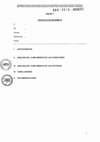 LINEAMIENTOS PARA LA ADECUACIÓN DE INSTITUTOS SUPERIORES DE EDUCACIÓN PÚBLICOS Y PRIVADOS A
INSTITUTOS DE EDUCACIÓN SUPERIOR PEDAGÓGICA O INSTITUTOS DE EDUCACIÓN SUPERIOR TECNOLÓGICA
086-2018 -MINEOU
ANEXO 1
PROYECTO DE INFORME Nº
A
De
Asunto
Referencia
Fecha
l. ANTECEDENTES
11. ANÁLISIS DEL CUMPLIMIENTO DE LAS CONDICIONES
111. ANÁLISIS DEL CUMPLIMIENTO DE LOS CRITERIOS
IV. CONCLUSIONES
V. RECOMENDACIONES
7
 