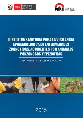 Ministerio
de Salud
2015
DIRECTIVA SANITARIA PARA LA VIGILANCIA
EPIDEMIOLOGICA DE ENFERMEDADES
ZOONOTICAS, ACCIDENTES POR ANIMALES
PONZOÑOSOS Y EPIZOOTIAS
DIRECTIVA SANITARIA N° 065-MINSA/DGE-V.01
 
