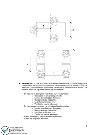 9
● Señalización: El local educativo debe encontrarse señalizado a fin de asegurar el
cumplimiento del aforo máximo permitido, distanciamiento físico, ventilación natural
adecuada, uso correcto de mascarillas y el lavado o desinfección de manos. Se
deberán incluir las siguientes formas de señalización:
- En las puertas de ingreso y salida de espacios cerrados:
o Capacidad de aforo total permitido
o Lavado o desinfección de manos
o Uso correcto de mascarillas
o La distancia física de 1 m
o Ventilación natural adecuada
- En los espacios comunes y al ingreso del local educativo:
o Lavado o desinfección de manos
o Uso correcto de mascarillas
o La distancia física de 1 m
o Ventilación natural adecuada
- Puerta de ingreso y de salida del local educativo.
- Puntos de acopio de desechos.
 